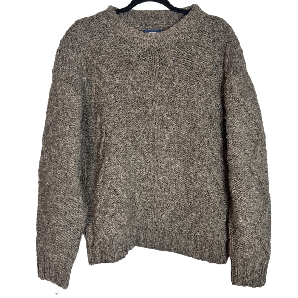 Ray Wear Men's 100% Wool Gray Brown Cable Knit Crewneck Large Sweater